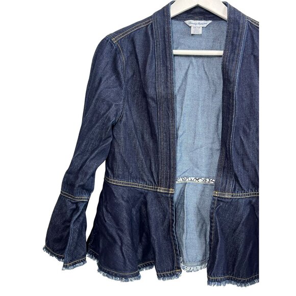Tommy Bahama XS Denim Ruffle Open Front Jacket Casual Blue Jean Style - Picture 3 of 9